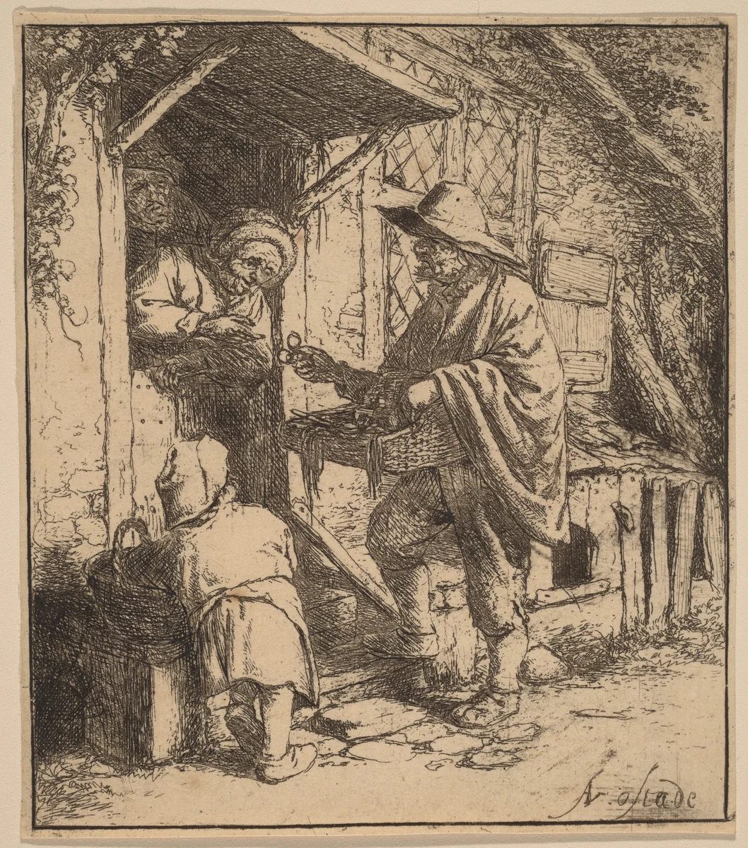 Street Vendor Selling Spectacles at the Door by Adriaen van Ostade, print, 1642-1652