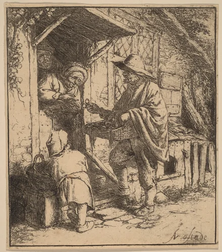 Street Vendor Selling Spectacles at the Door by Adriaen van Ostade, print, 1642-1652
