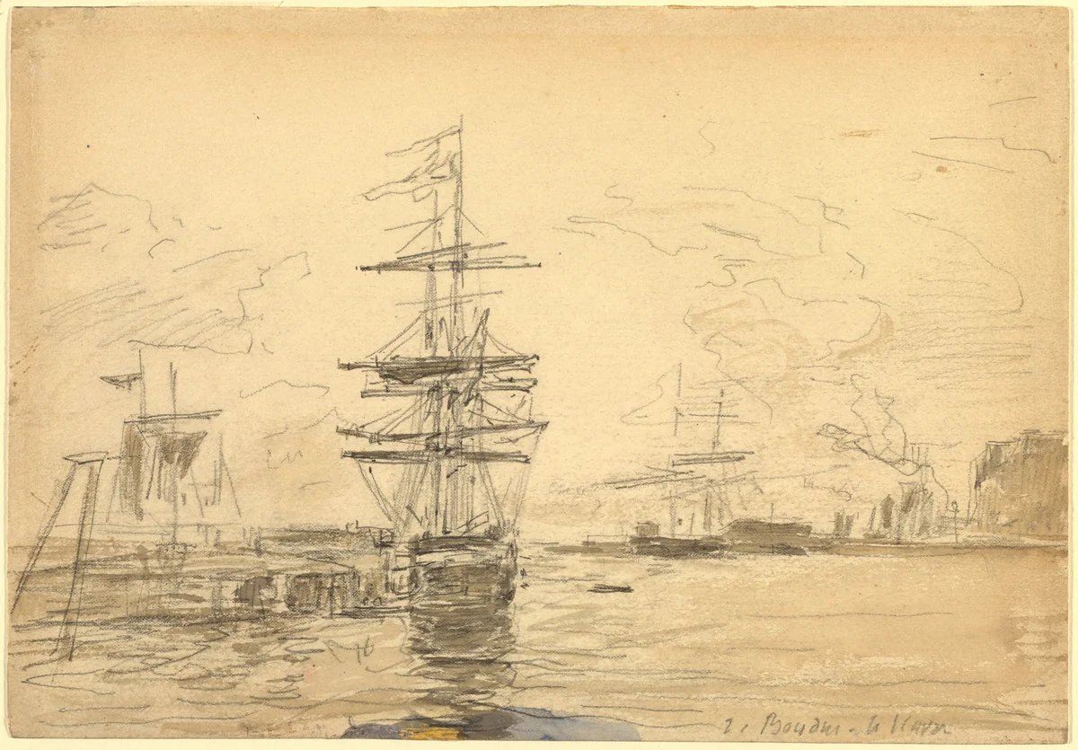 Ships in Harbor by Eugène Boudin, drawing, 1824-1898
