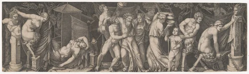 A Bacchanal; Silenus supported by two bacchants in the center, at left a female satyr reclining on a bed and another holding onto the horns on a statue of Priapus while she tries to impale herself on his phallus, with various other figures by Marcantonio Raimondi, print, 1505-1515