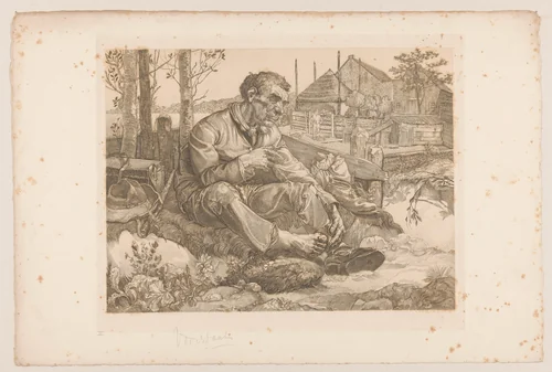 Rustende man bij boerderij by Johannes Josephus Aarts, print, 1881-1934