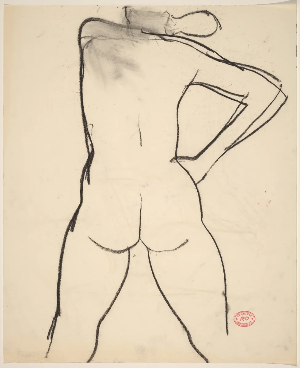 Untitled [rear view of female nude with right hand on hip] by Richard Diebenkorn, drawing, 1955-1967
