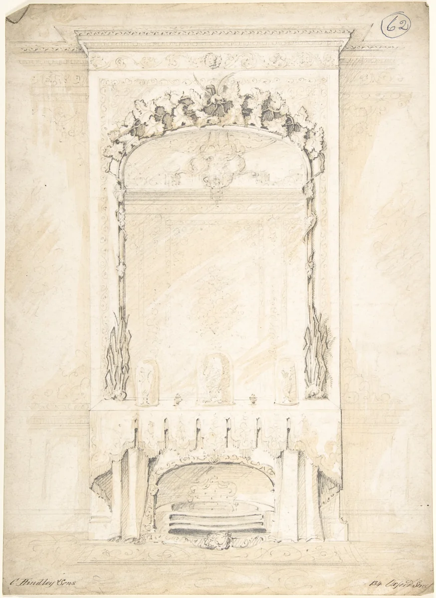 Design for a Fireplace and Mirror by Charles Hindley and Sons, drawing, 1841-1884