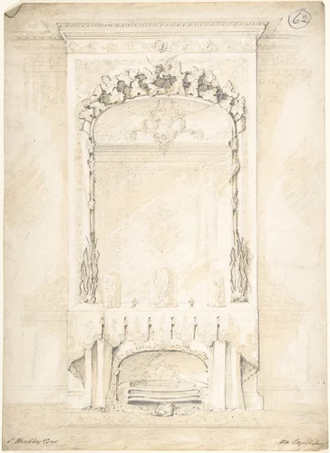 Design for a Fireplace and Mirror by Charles Hindley and Sons, drawing, 1841-1884
