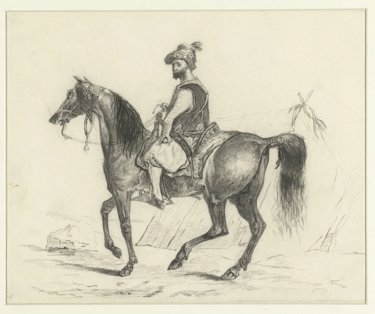 Arabier te paard by anonymous, drawing, 1800-1900