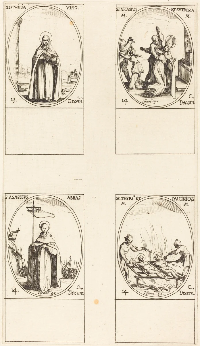 St. Othilia; Sts. Nicasius & Eutropia; St. Agnelus; Sts. Thyrsus & Callinicus by Jacques Callot, print, 1627-1637