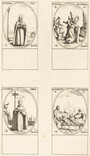 St. Othilia; Sts. Nicasius & Eutropia; St. Agnelus; Sts. Thyrsus & Callinicus by Jacques Callot, print, 1627-1637