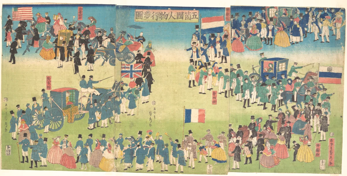 Procession of People from Five Countries: Holland, Russia, France, England and America by Utagawa Sadahide, print, 1861