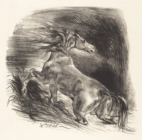 Wild Horse Coming out of the Water (Cheval sauvage) by Eugène Delacroix, print, 1828
