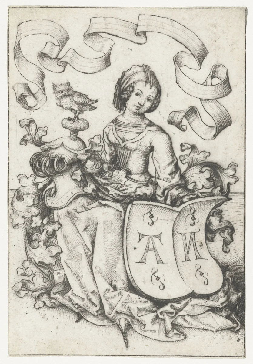 Dame met uil en wapenschild met de letters AN by Meester van het Amsterdamse Kabinet, print, 1483-1487