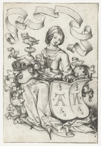 Dame met uil en wapenschild met de letters AN by Meester van het Amsterdamse Kabinet, print, 1483-1487