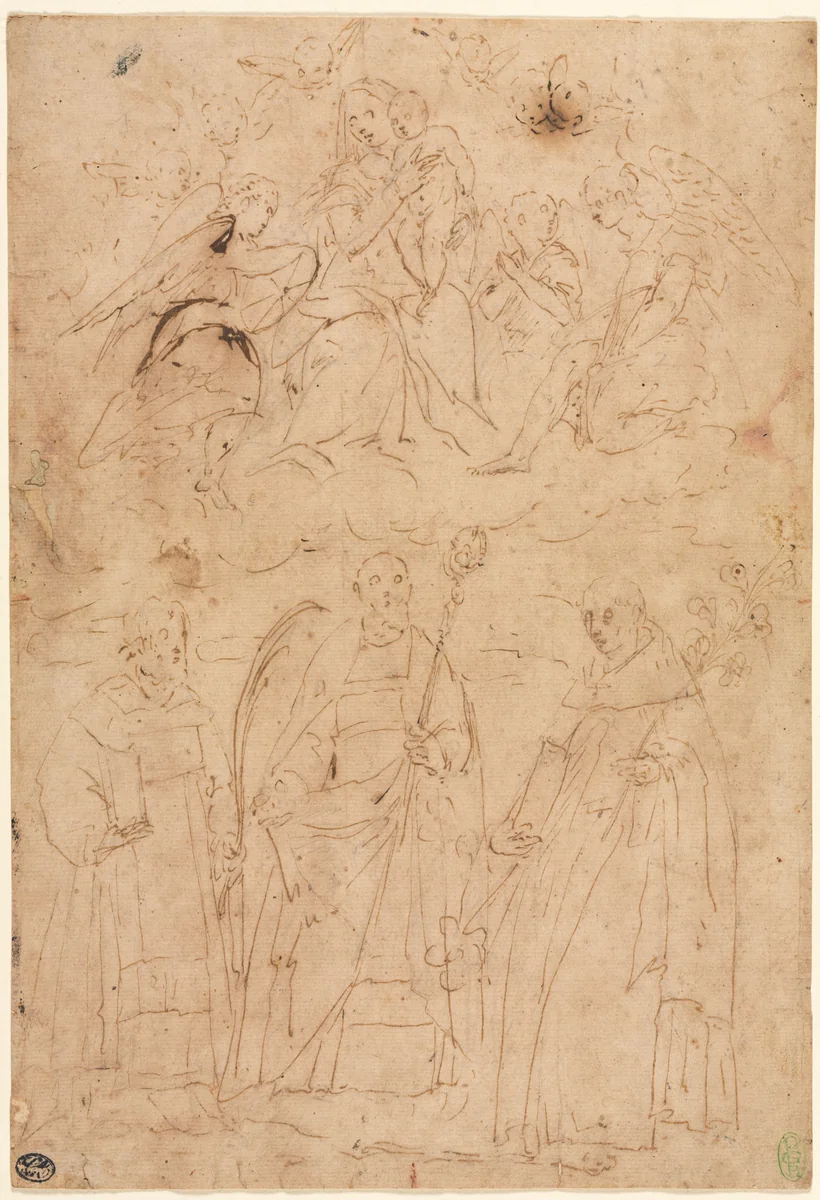 Madonna and Child in Glory above Three Saints by Giovanni Battista Paggi, drawing, 1565-1575