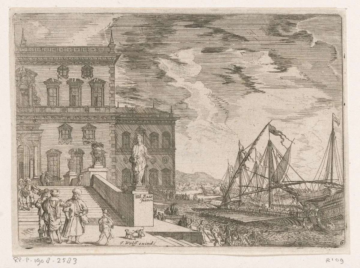 Havengezicht met een galei voor een paleis by Johann Wilhelm Baur, print, 1640