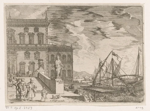 Havengezicht met een galei voor een paleis by Johann Wilhelm Baur, print, 1640