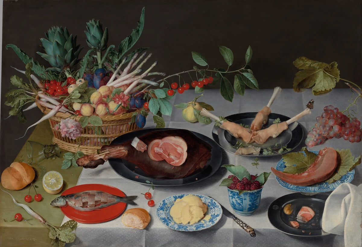 Still Life with Meat, Fish, Vegetables, and Fruit by Jacob van Hulsdonck, painting, 1615-1620