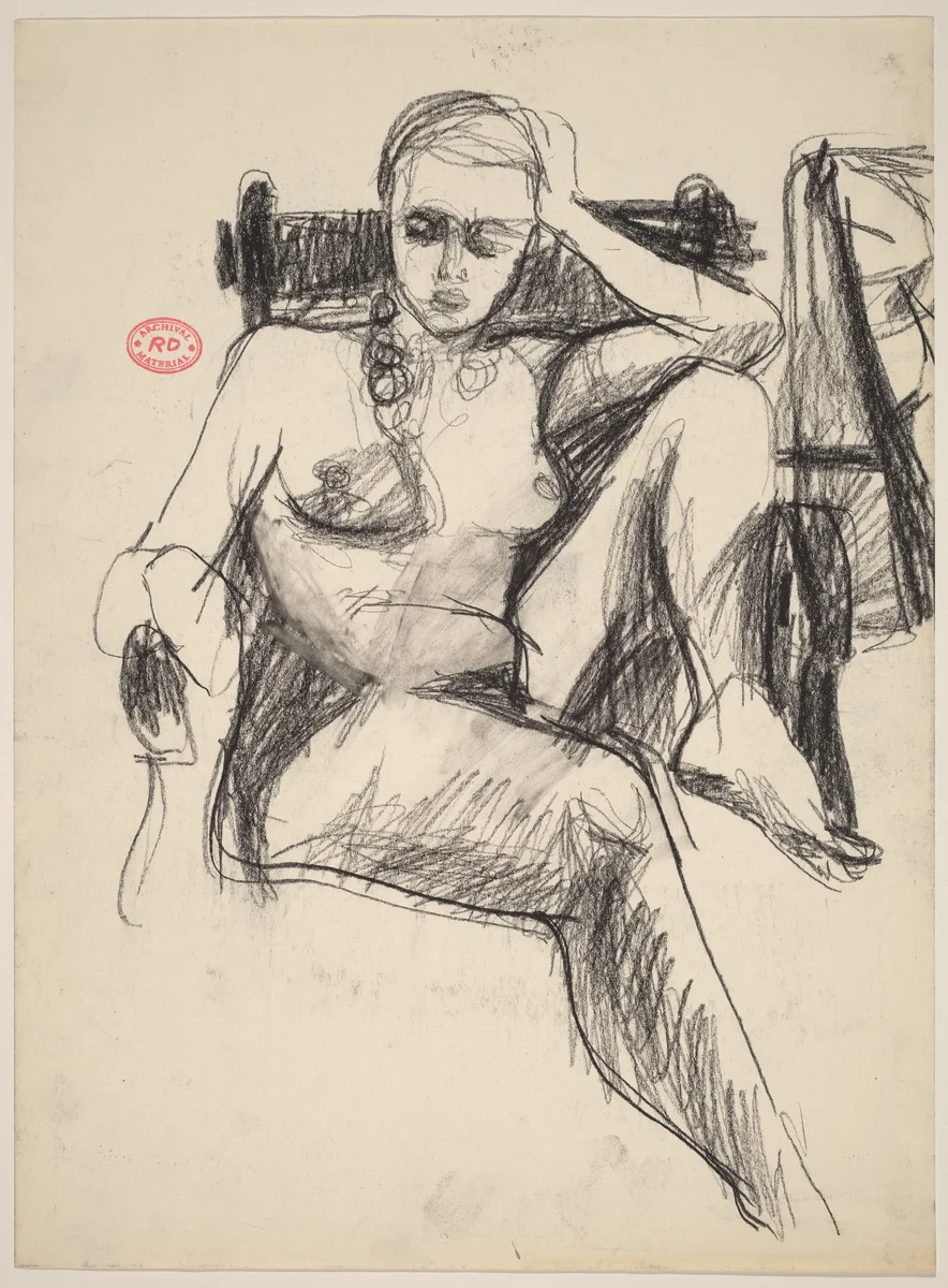 Untitled [female nude with left leg pulled into armchair] by Richard Diebenkorn, drawing, 1955-1967