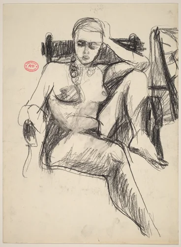 Untitled [female nude with left leg pulled into armchair] by Richard Diebenkorn, drawing, 1955-1967