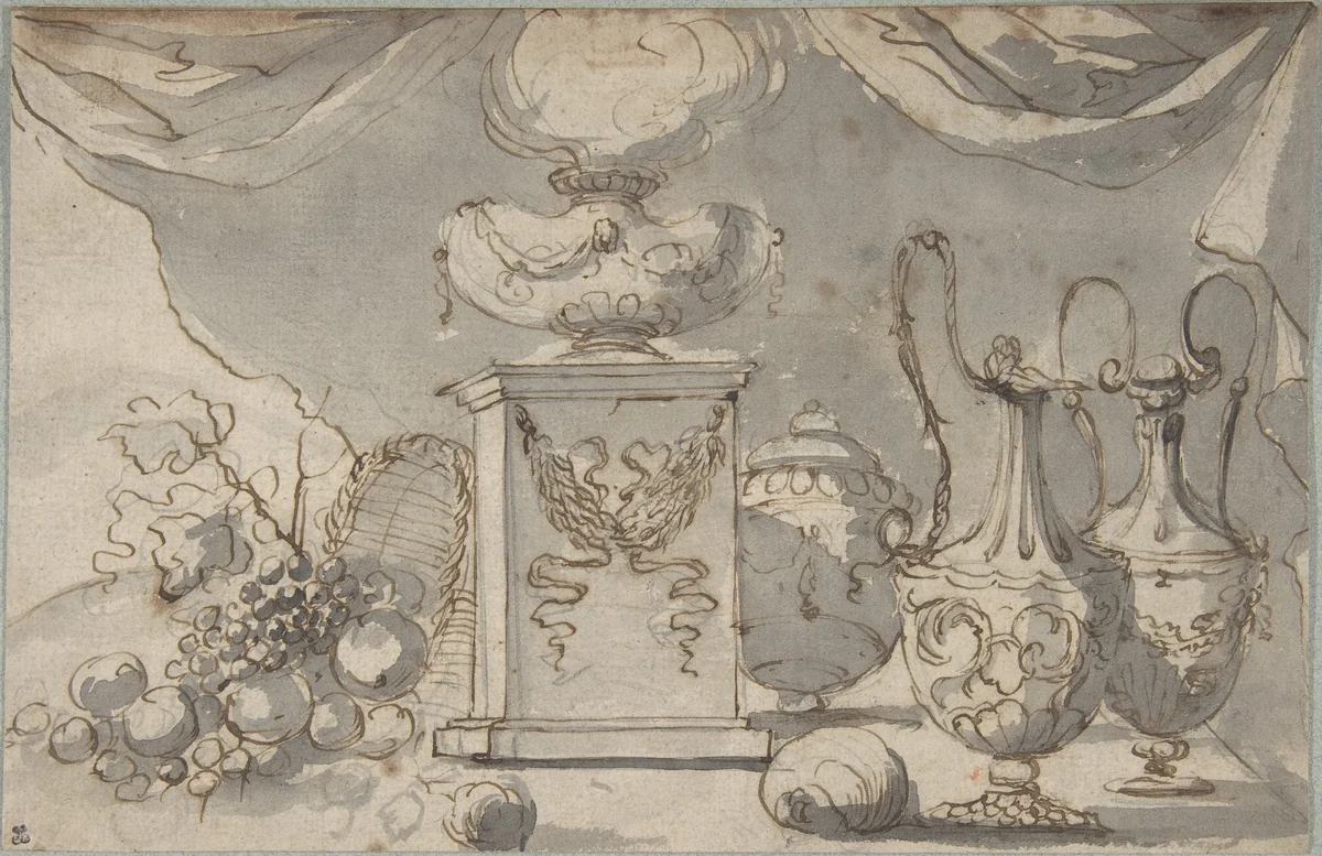 Still Life: Vases, a Cassolette on a Pedestal, and an Overturned Basket of Fruit by Jean Jacques Lagrenée, drawing, 1750-1821