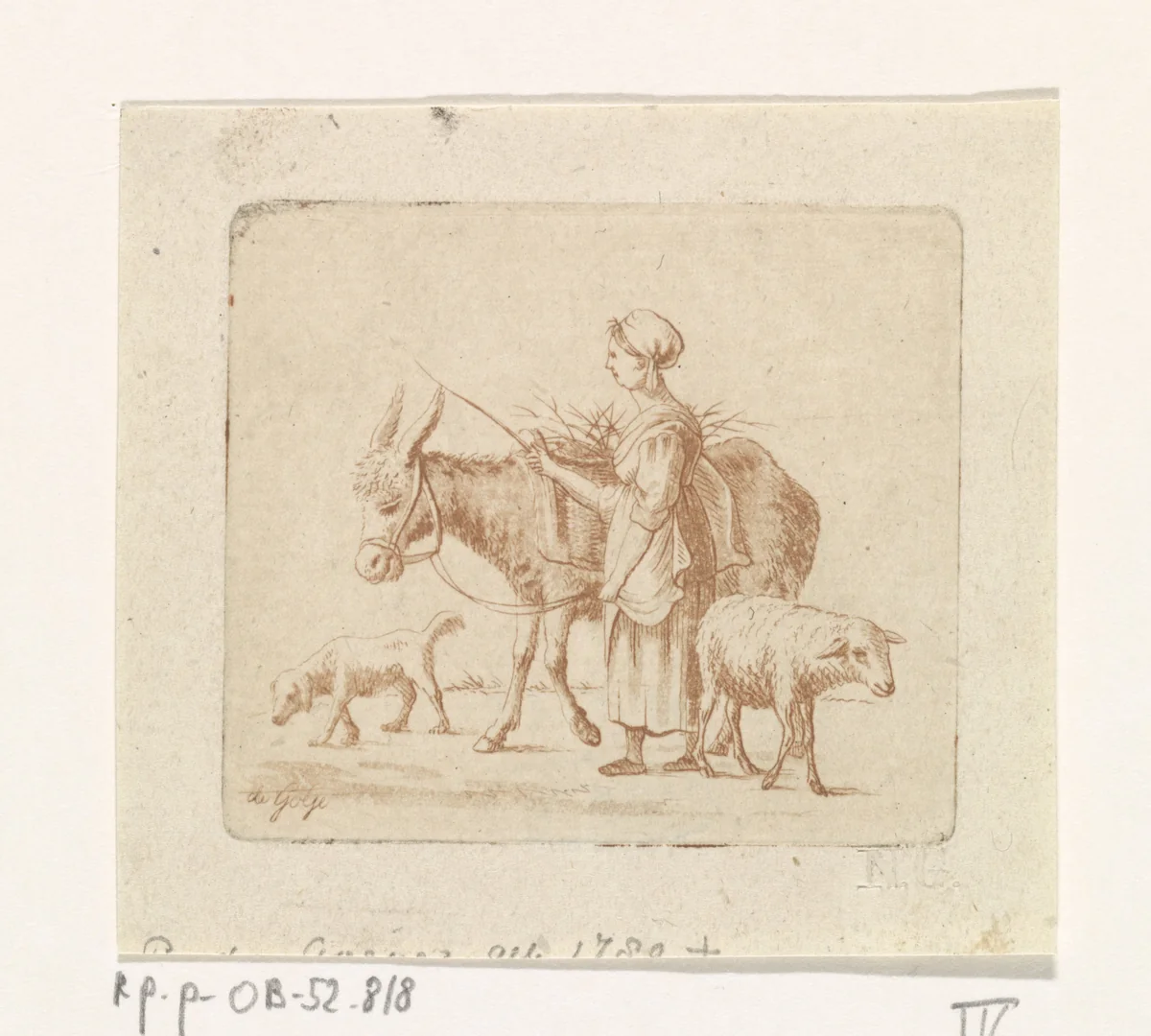 Herderin met muilezel, schaap en hond by Pieter de Goeje, print, 1789-1859