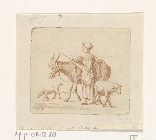 Herderin met muilezel, schaap en hond by Pieter de Goeje, print, 1789-1859