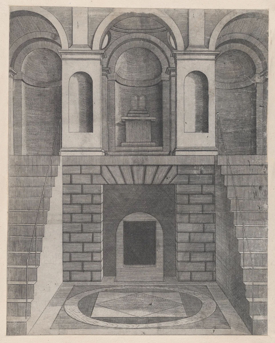 Interior, showing an underground chamber reached by two flights of stairs, one on each side; niches on the landing above, from "Speculum Romanae Magnificentiae" by anonymous, print, 1530-1580