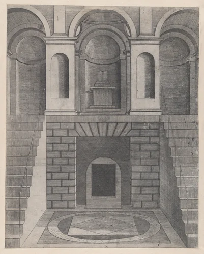 Interior, showing an underground chamber reached by two flights of stairs, one on each side; niches on the landing above, from "Speculum Romanae Magnificentiae" by anonymous, print, 1530-1580