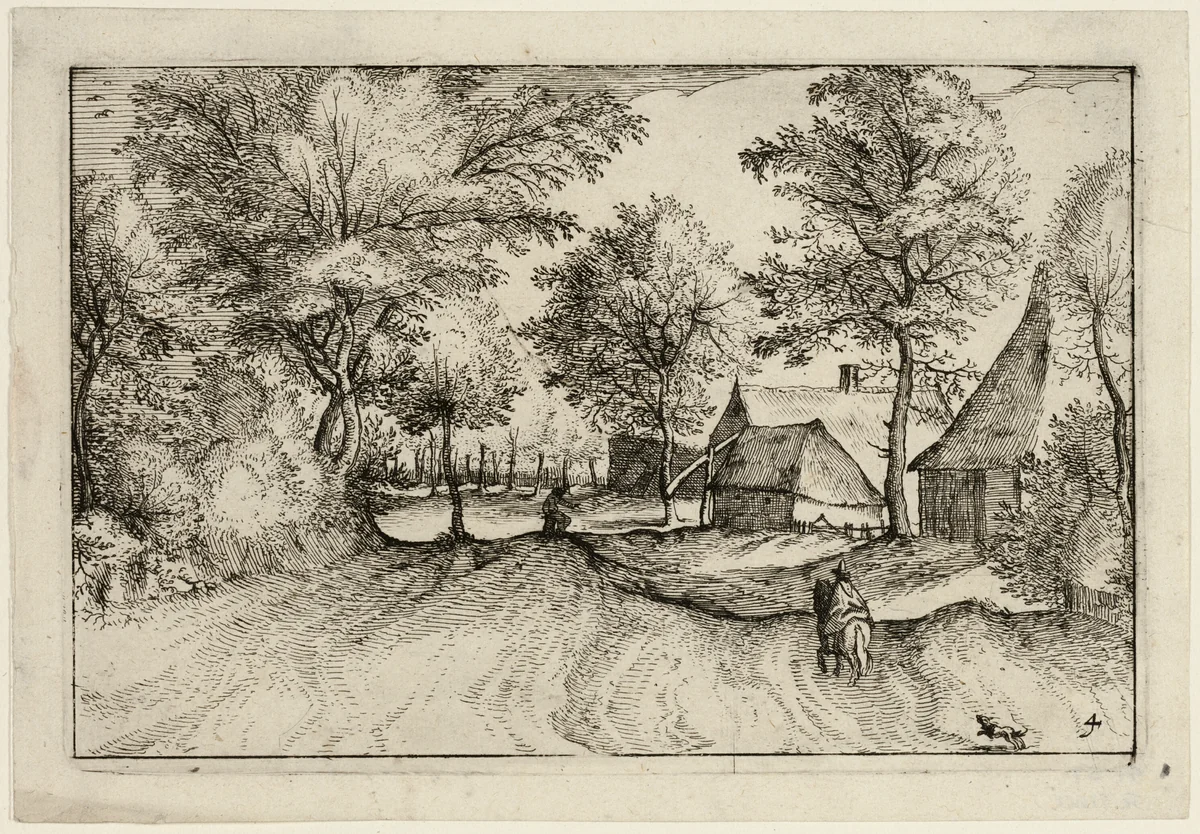 Village Road, plate four after Pictures of Farms, Country Houses and Rustic Villages (Praediorum villarum et rusticarum casularum icones) by Claes Jansz Visscher, print, 1612