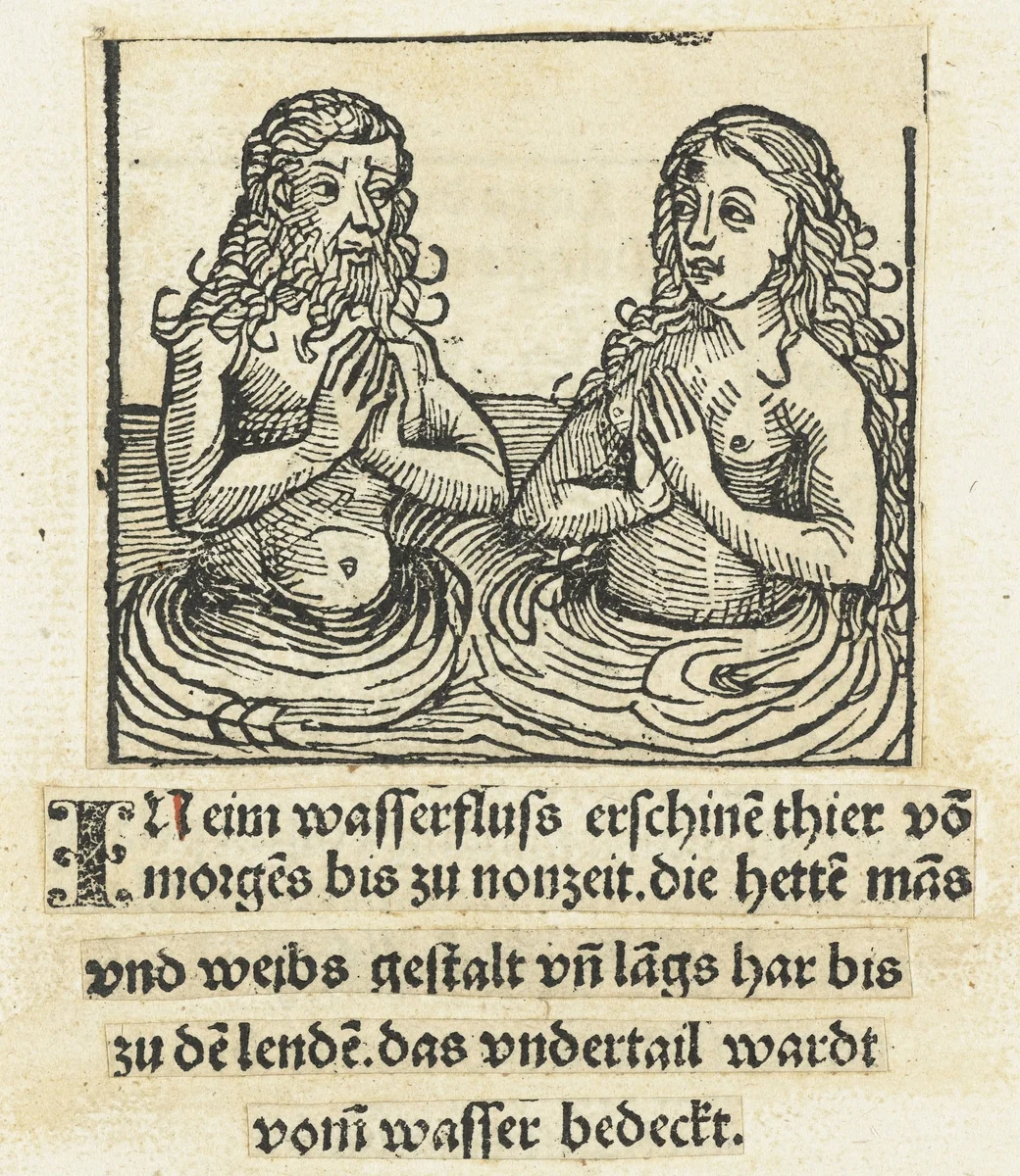 Zeemeerman en zeemeermin by anonymous, print, 1486-1493