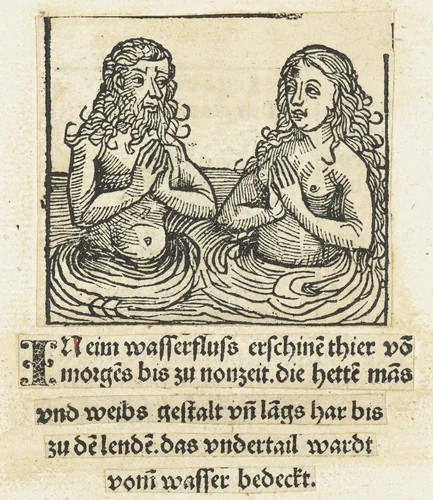 Zeemeerman en zeemeermin by anonymous, print, 1486-1493