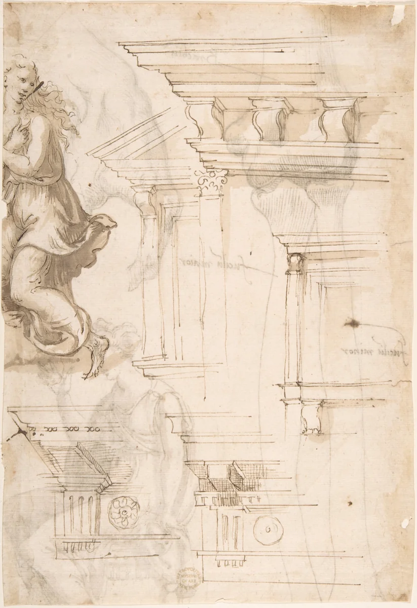 Architectural Sketches and a Figure (recto); Figure and Anatomical Sketches (verso) by anonymous, drawing, 1500-1600