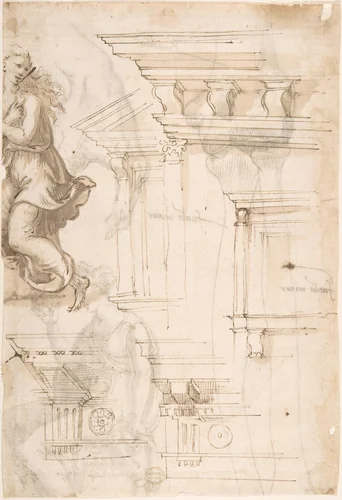 Architectural Sketches and a Figure (recto); Figure and Anatomical Sketches (verso) by anonymous, drawing, 1500-1600