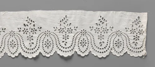 Strook katoen met kantborduurwerk met golvende dubbele slingers van 'parelsnoeren' en hangende bloemtakken by C.I. Bosch Reitz-Teding van Berkhout, other, 1860-1880