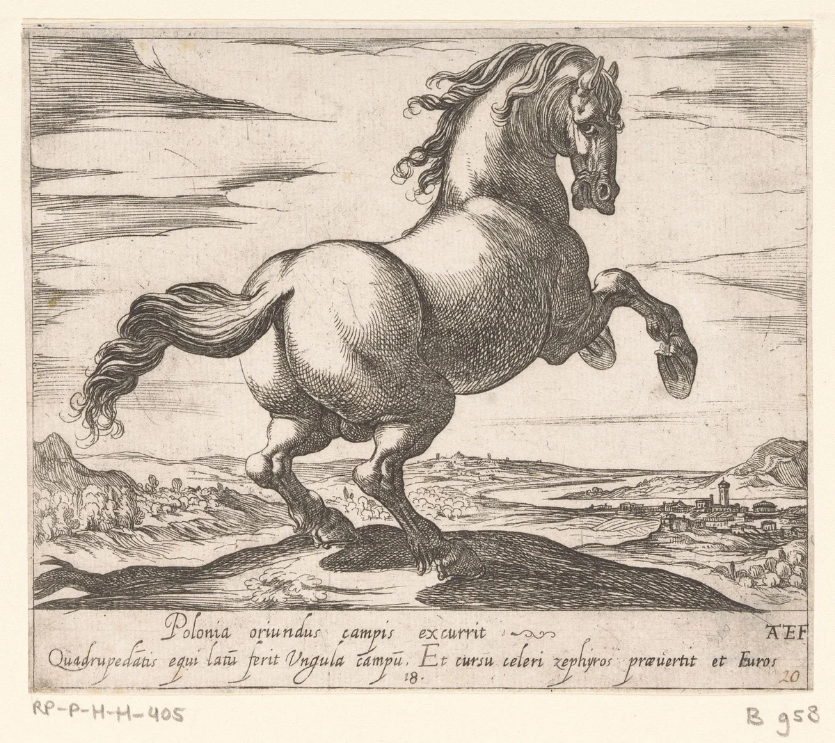 Steigerend paard naar rechts gewend by Unknown, print, 1590