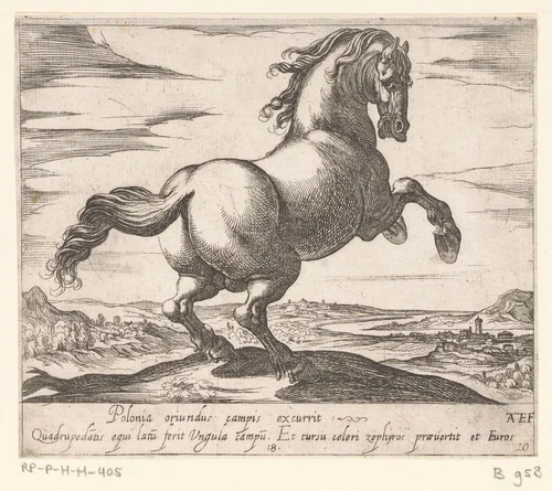 Steigerend paard naar rechts gewend by Unknown, print, 1590