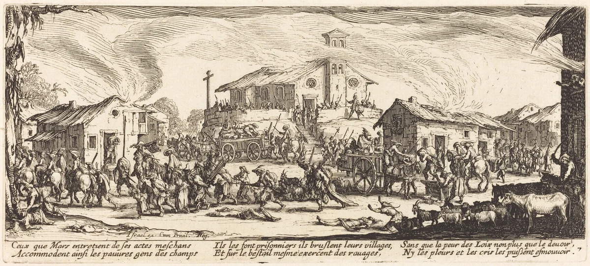 Plundering and Burning a Village by Jacques Callot, print, 1633