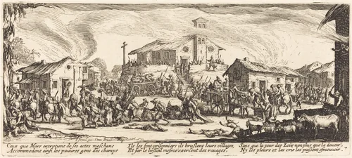 Plundering and Burning a Village by Jacques Callot, print, 1633