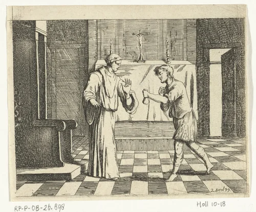 Gusman d'Alfarache overhandigt geld aan geestelijke by Jan de Bray, print, 1655-1697