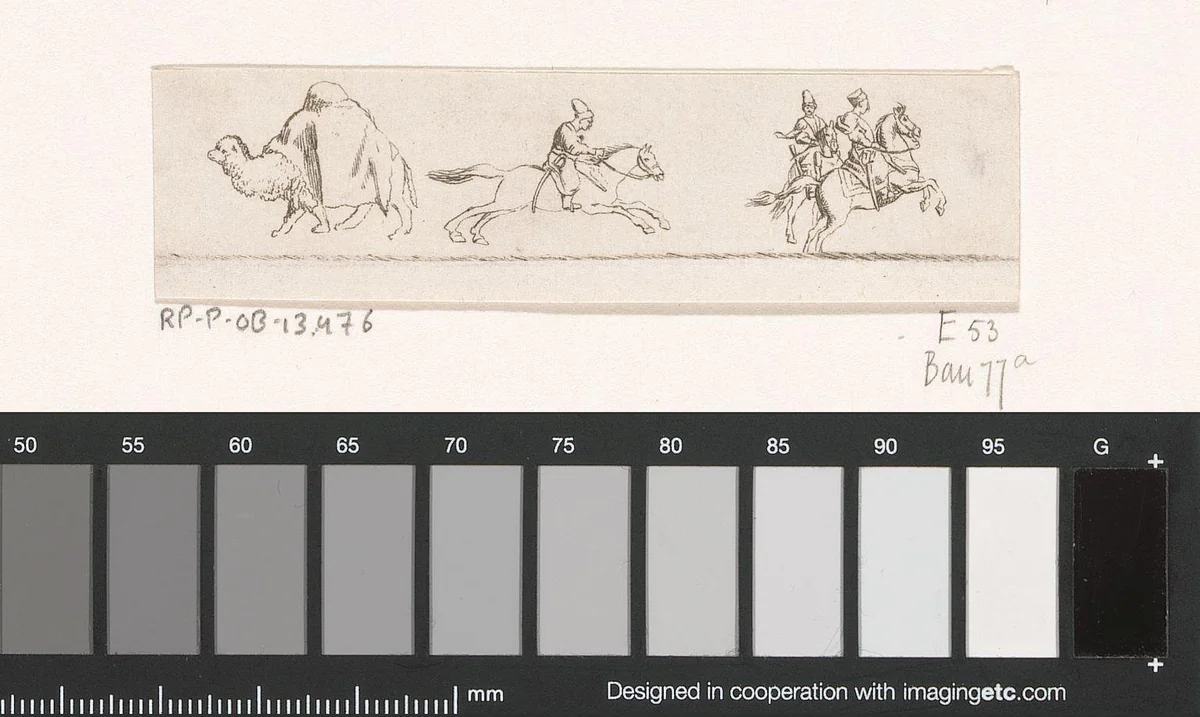 Kameel en drie Poolse ruiters by anonymous, print, 1769