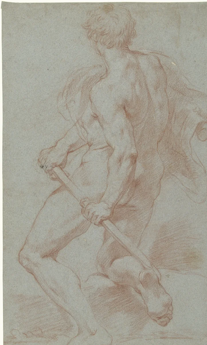Studie van een knielende mannelijke naaktfiguur by Francesco Trevisani, drawing, 1685-1695