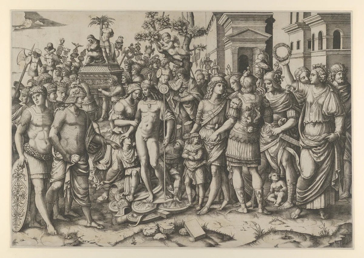 The triumph of a Roman Emperor; a young naked hero stands at center on a pile of armor; a woman at right holds aloft a laurel wreath by Marcantonio Raimondi, print, 1505-1515