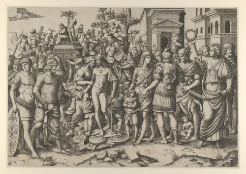 The triumph of a Roman Emperor; a young naked hero stands at center on a pile of armor; a woman at right holds aloft a laurel wreath by Marcantonio Raimondi, print, 1505-1515