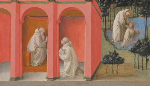Saint Benedict Orders Saint Maurus to the Rescue of Saint Placidus by Fra Filippo Lippi, painting, 1445-1450