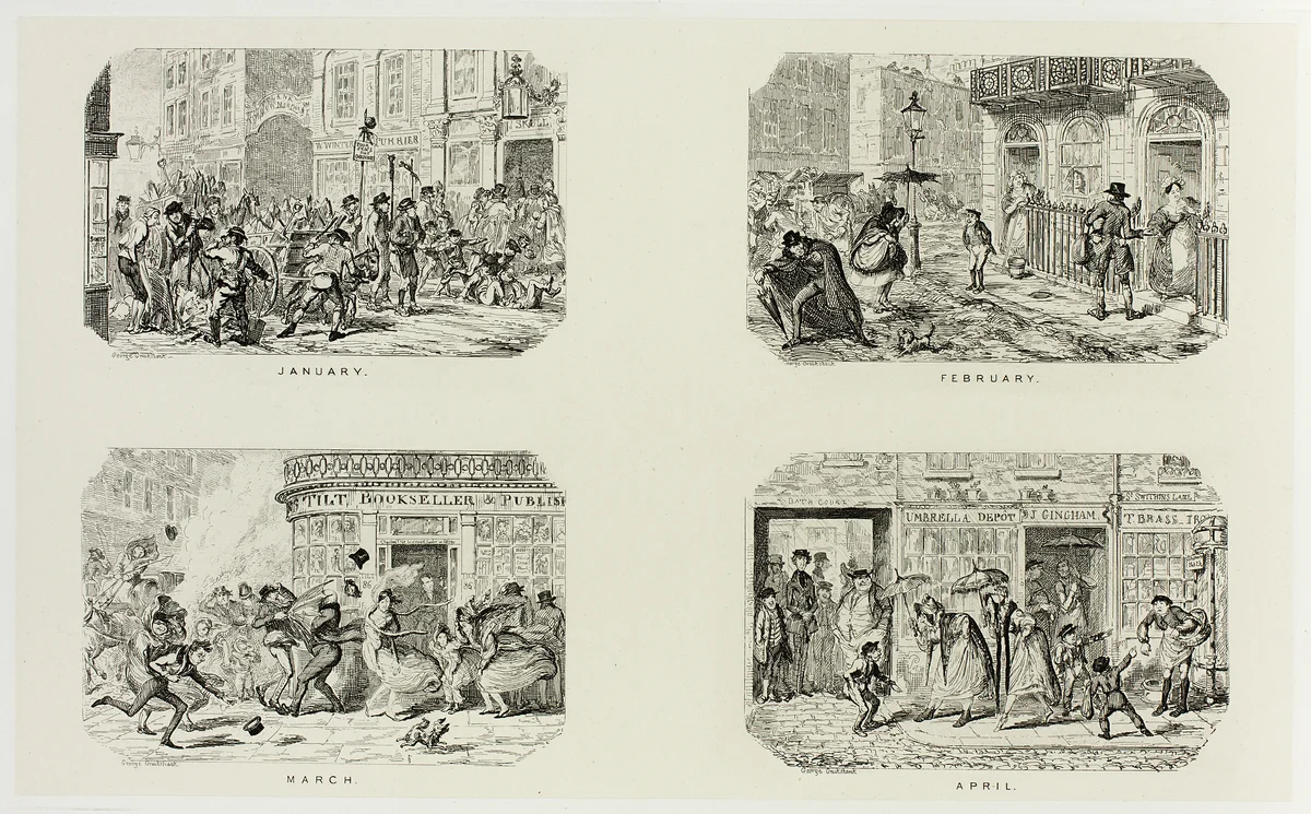 January from George Cruikshank's Steel Etchings to The Comic Almanacks: 1835-1853 (top left) by George Cruikshank, print, 1835