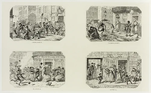 January from George Cruikshank's Steel Etchings to The Comic Almanacks: 1835-1853 (top left) by George Cruikshank, print, 1835