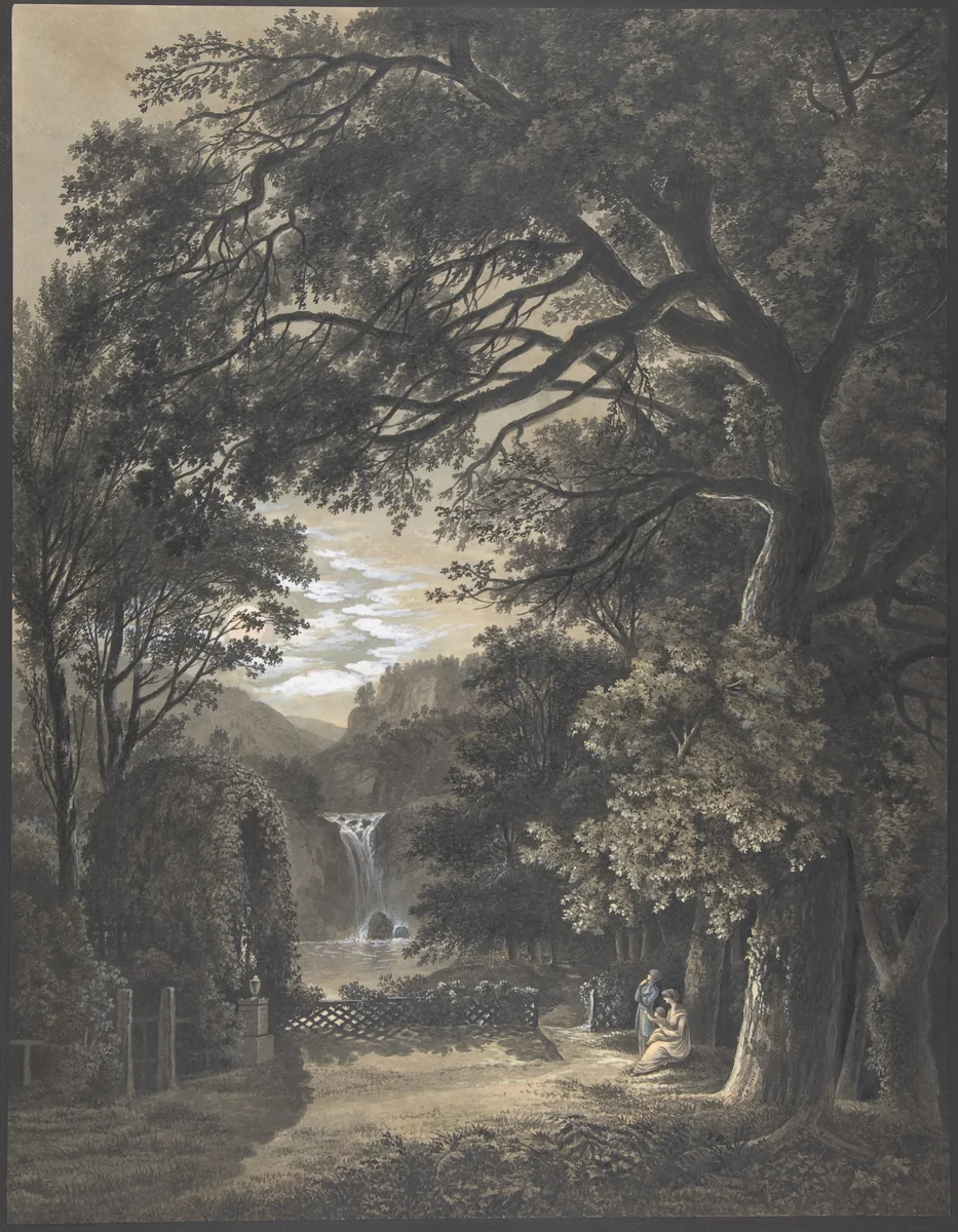 Family Gathered Before a Monument in a Landscape with a Waterfall by Johann Heinrich Meyer, drawing, 1805