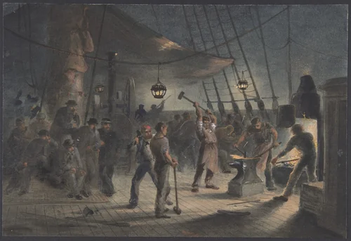 The Forge on Deck, Night of August 9th: Preparing the Iron Plating for Capstan by Robert Charles Dudley, drawing, 1865-1866