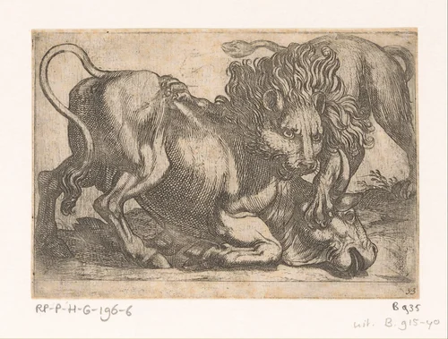 Een leeuw een stier aanvallend by Antonio Tempesta, print, 1600