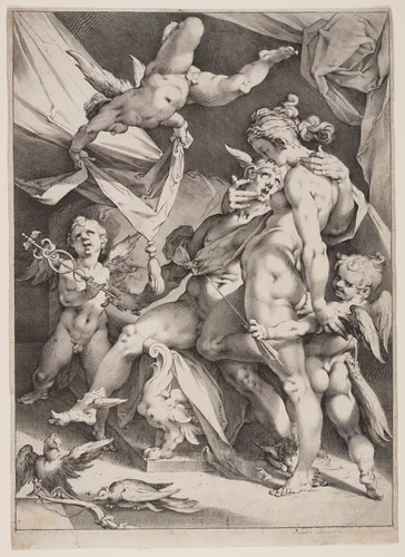 Venus and Mercury by Jan Harmensz. Muller, print, 1595-1605