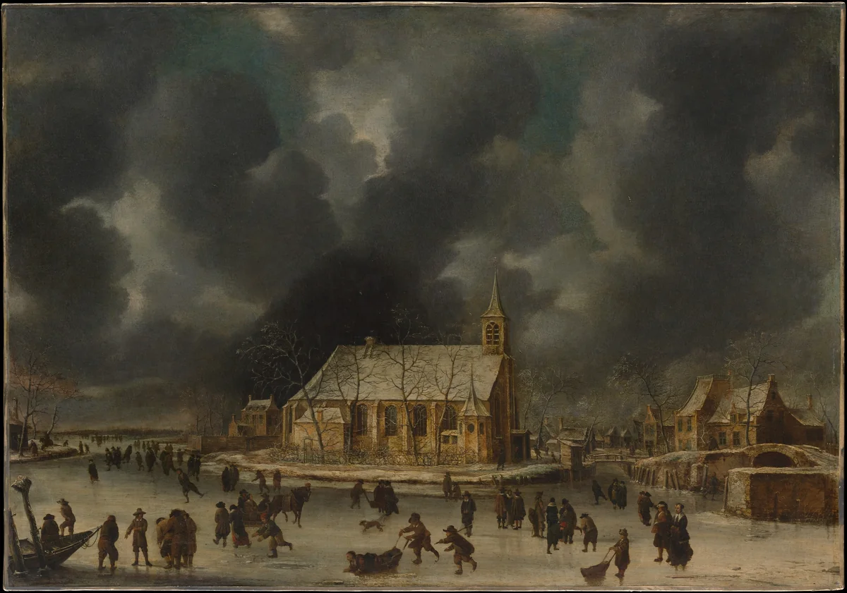 Skating at Sloten, near Amsterdam by Johannes Abrahamsz Beerstraten, painting, 1642-1666