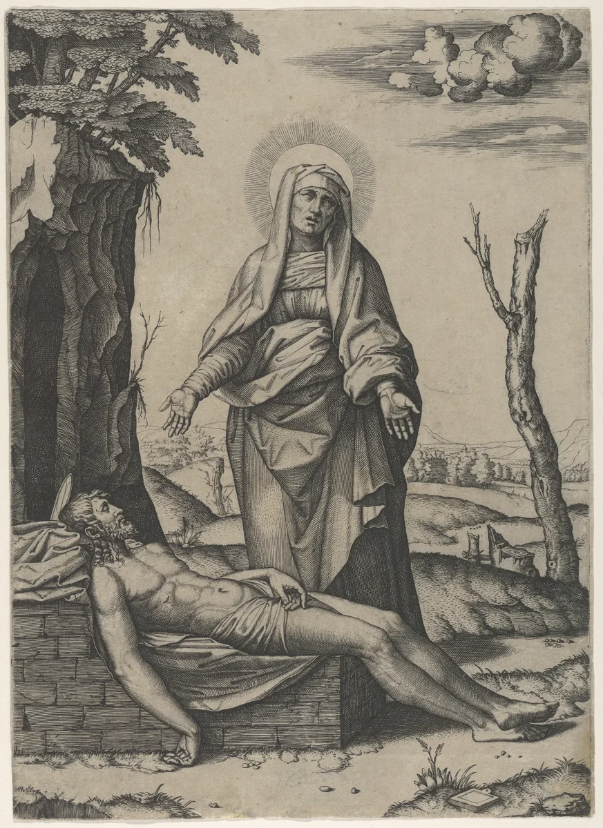 The Pietà: the Virgin standing over the dead Christ, her hands outspread by Marcantonio Raimondi, print, 1510-1521